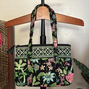 Vera Bradley Purse Black Quilt Fabric Floral Print Shoulder Bag Green Pink Blue